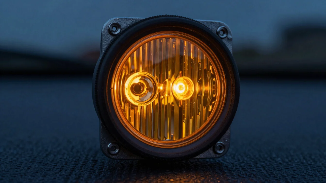 Macro detail of 2 inch round amber LED clearance light mounted in