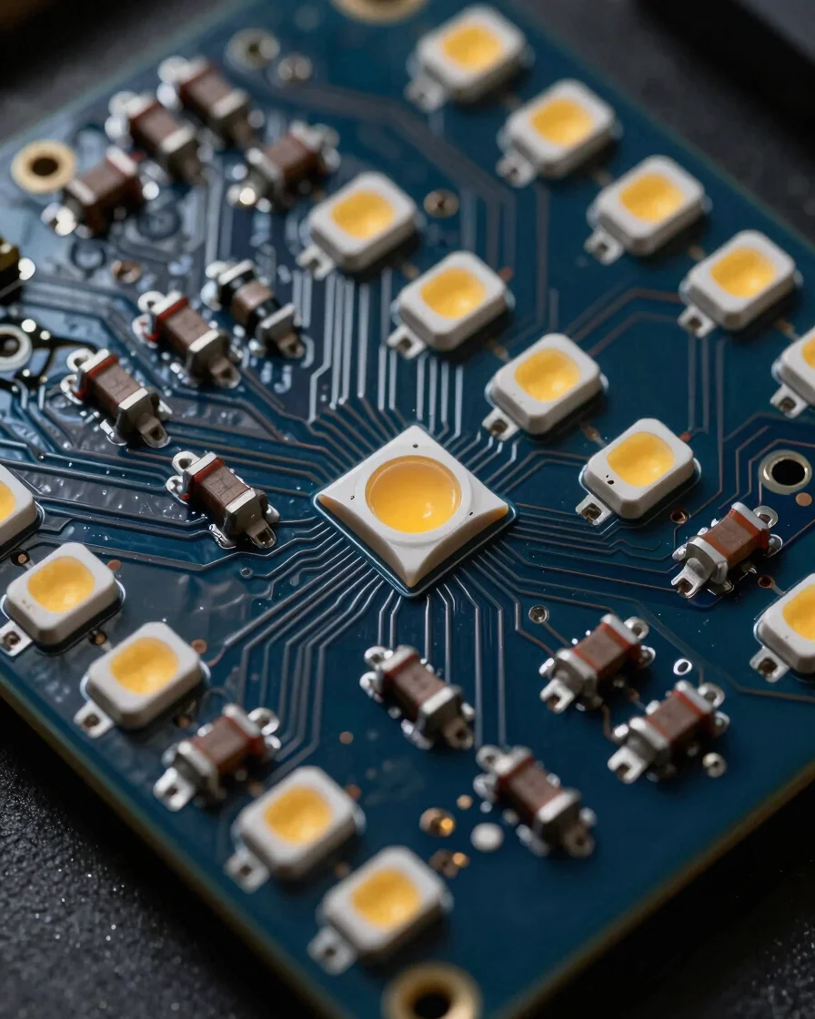 Macro close-up of LED circuit board under harsh workshop lighting, showing precise resistor arrays and sealed wiring pin