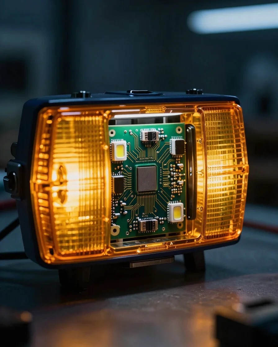 Macro close-up shot of potted LED circuit board inside amber trai